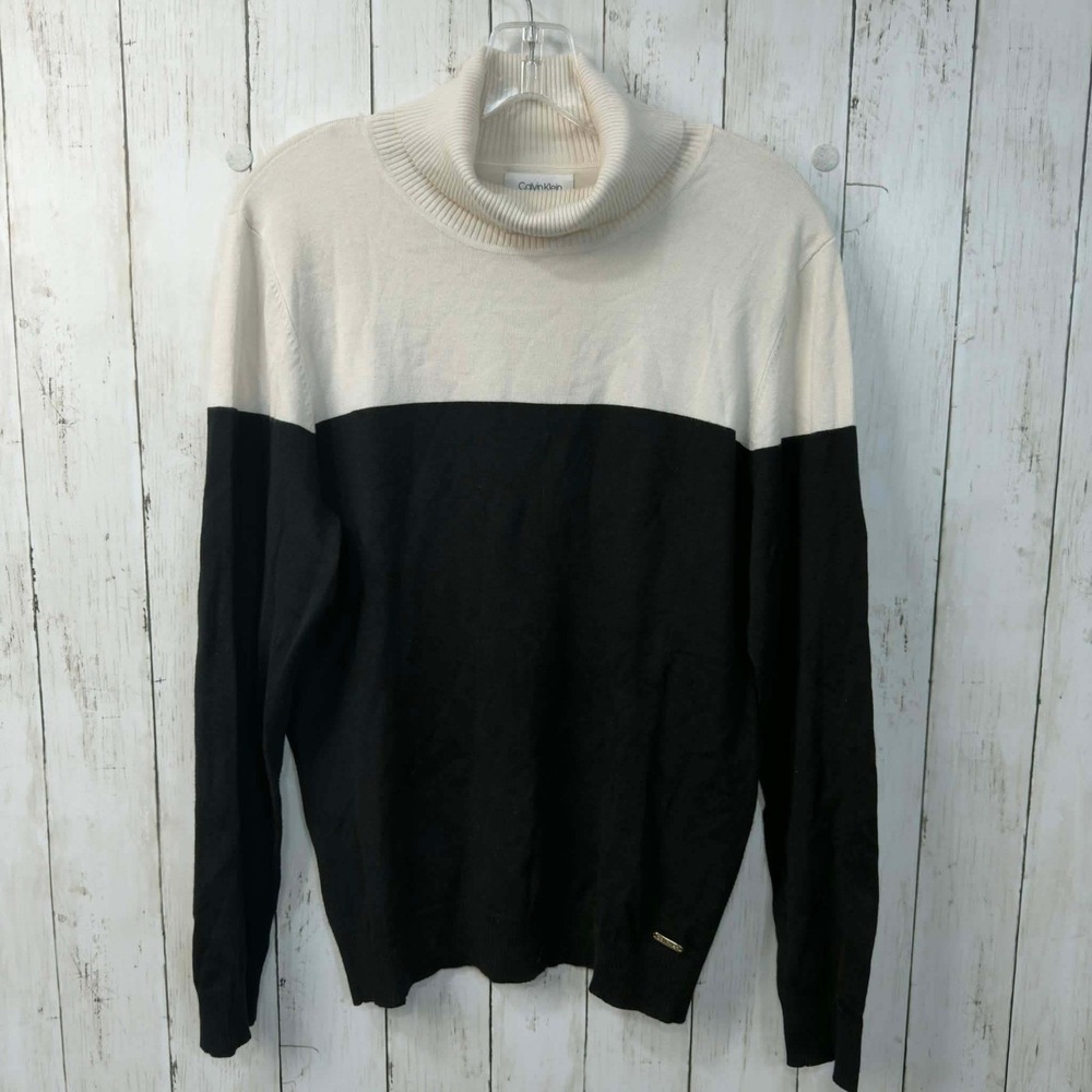 Calvin Klein Women's Color Block Turtleneck Sweater Cream Black Size L